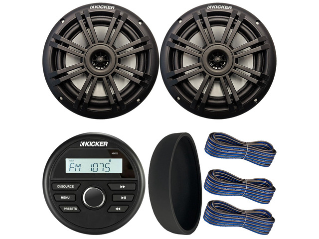 46KMC2 Marine Bluetooth All-Weather AM/FM USB/AUX Gauge Style Media Center Receiver W/Black Cover, 2X 6.5 150 Watt Peak Power 2-Way Black Boat...