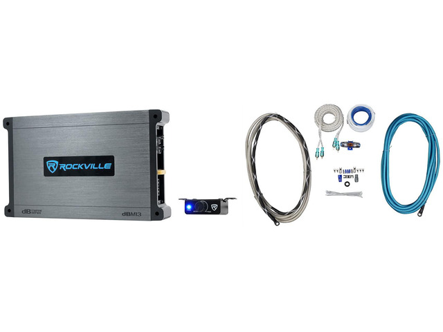 DBM13 3000W Peak/750W RMS Marine Amplifier with RMWK4 Wire Kit Mono, 2-Ohm, Class D, MOSFET, Bass Remote, Subsonic Filter, Bass EQ, RCA Input, 4...