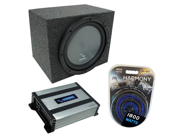 Single 12' Sealed Rearfire Sub Box with Harmony R124 Sub and HA-A400.1 Amp Complete subwoofer package, air-tight enclosure plus power combo, deep...