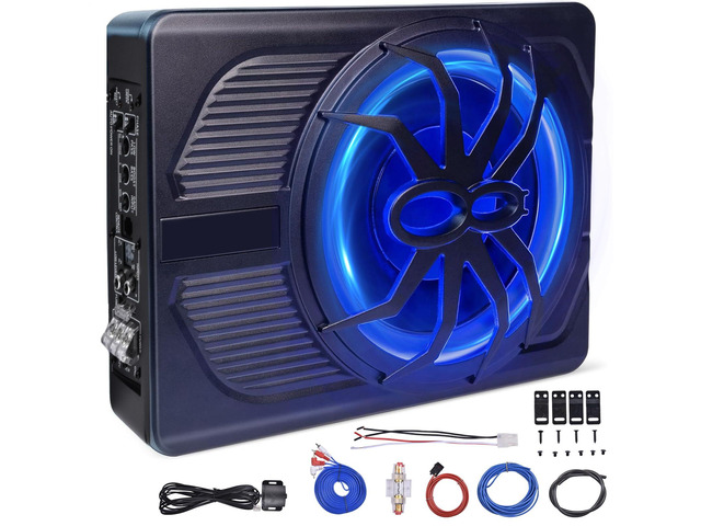 10' 800W Ultra-Slim Powered Car Subwoofer, Under Seat Design with Built-in Amp, Blue LED, Heat Dissipation & Powerful Bass for Car/Truck/SUV Audio