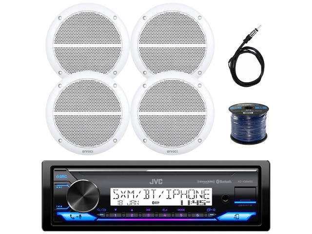 Single DIN in-Dash Marine Boat Audio Bluetooth USB Receiver Bundle Combo with 4X Enrock 6.5' White Water-Resistant Stereo Speakers, Radio Antenna,...