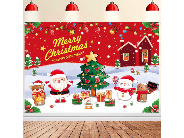 7x5ft Merry Christmas Backdrop Banner Santa Christmas Party Decorations Red White Snow Xmas Tree Holiday Party Photography Background New Years...