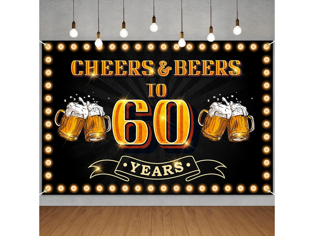 Cheers and Beers to 60 years Banner Backdrop Happy 60th Birthday Background for Men Women Photography Bday Anniversary Party Sign Decorations...