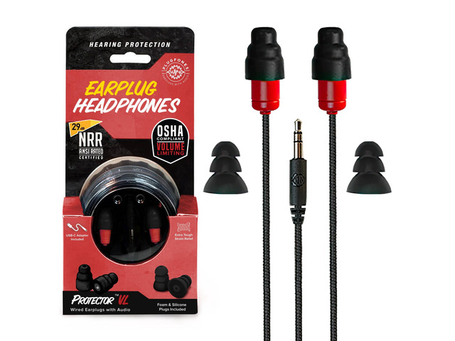 Protector Volume Limited Audio Earbuds, OSHA Compliant Earplugs with Sound, Black & Red
