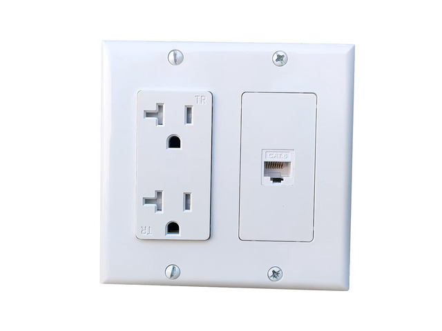 2 Gang Power Outlet with 1 CAT6 Ethernet Port - 20A Electrical Outlet Cover Plate with 1 CAT6 RJ45 Keystone Jack - White