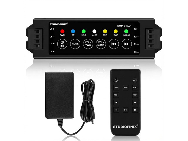 4-Channel Mini Amplifier with Wireless App & Infrared Remote Control, Bluetooth 5.0, USB/MIC/AUX/TWS Inputs and Power-Off Memory for...