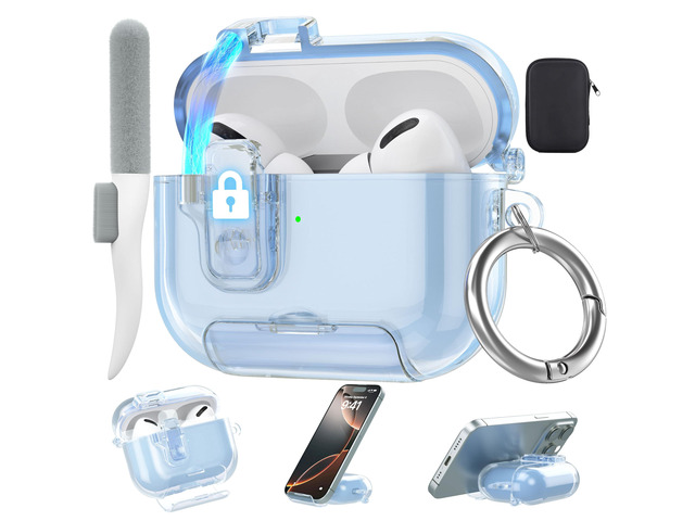 Clear Drop Protection Cover for AirPods Pro 3 Case with Magnetic Lock,Blue As Phone Stand,for Men Women Girly,with Keychain & Cleaning...