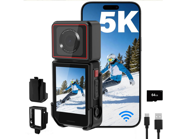 5K Action Camera with 180Â° Rotation 6-Axis EIS Touch Screen Body Cam WiFi App Preview & Transfer, Remote Control, 25P Photos, 64GB Card, 135Â°...
