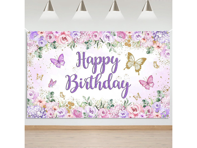 Butterfly Birthday Banner - Purple Happy Birthday Girl Party Backdrop, Butterfly Birthday Decorations (70.8' L x 43.3' W)