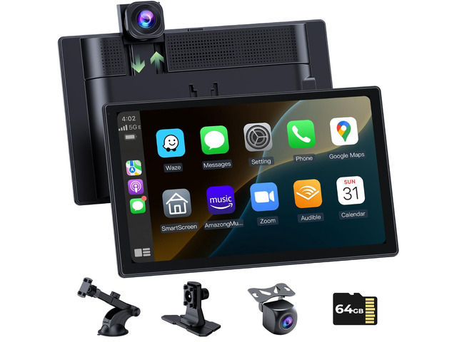 Carplay Screen for Apple CarPlay & Android Auto with 4K Dash Cam 9' Portable Car Play Screen for Car, HD IPS Backup Camera, GPS Navigation,...