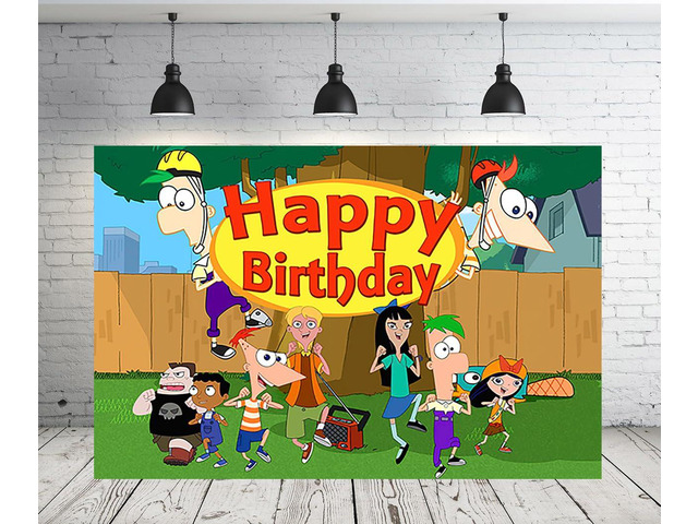 RNINE Phineas and Ferb Backdrop 5x3ft Cartoon Photo Background for Birthday Party Supplies Phineas and Ferb Baby Shower Banner for Party Decorations