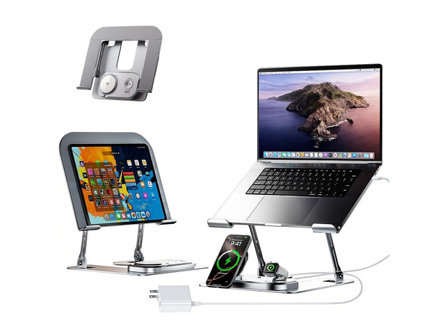 Adjustable Laptop Stand with Wireless Charger, Qi2 15W, 4in1 Qi2 15W fast charging for phone and watch. 3-in-1 station with LED light. Fits...