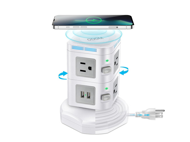 Power Strip Surge Protector, Power Strip Tower with Fast Wireless Charger 15W Wireless Charger 4 USB Ports + 6 Outlets + 6 Feet Retractable...