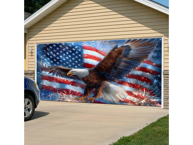 4th of July Garage Door Cover 7x8Ft Banner, Blue American Flag Eagle USA Independence Day Garage Door Decorations Backdrop for Christmas/Halloween...