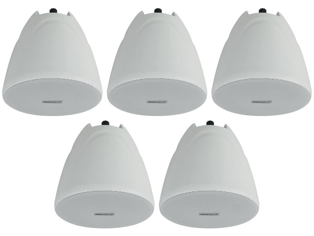 PEN-40T White 4' Hanging Pendant Speaker for Restaurants, 5-Pack 70V/100V Transformer Taps: 40W, 20W, 10W, 5W or 8 Ohm 60W RMS, Euroblock...