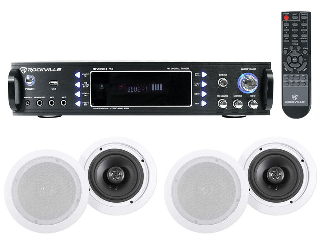 RPA60BT V2 Home Theater Bluetooth Receiver with 4 HC655 Speakers 1000W Peak / 250W RMS, USB/Optical/Coaxial, 2-Channel, 6.5' In-Ceiling 8 Ohm...