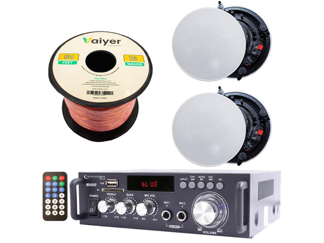 Home Stereo System Kit - 2 Channel 600 W Bluetooth Amplifier, 2 Qty of 8' Frameless Ceiling Speakers 300 W Each, 50 ft Speaker Wire & Remote for...