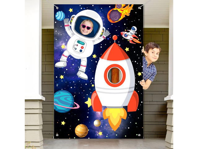 Photo Booth Prop Outer Space Theme Party Decorations Backdrop Astronaut Face Rocket Ship Birthday Decor Supplies 59 x 39 in Space Banner Vbs Galaxy...