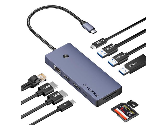 Laptop Docking Station Dual Monitor, 10-in-1 USB-C Hub with Dual HDMI 4K, Ethernet, PD 100W Charging, USB 3.0 USB-A and USB-C with 5Gbps Data...