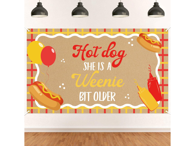 Hot Dog She's a Weenie Bit Older Backdrop - Retro BBQ Cookout Birthday Decor, Weenie Birthday Party Banner Backdrop for Girls 5 * 3ft