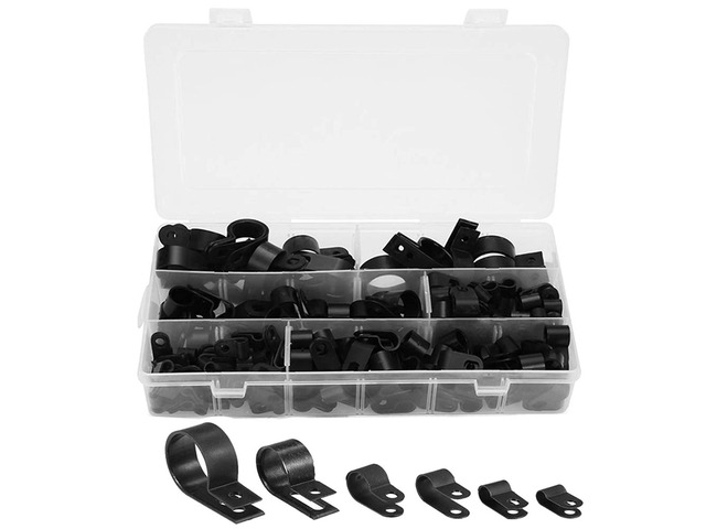 200 Pcs Black Nylon Plastic R-Type Cable Clamps for Cable Conduit 3/16' 1/4' 3/8' 1/2' 3/4' 1' Clips Fasteners Assortment Clamps
