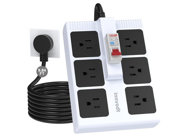 GFCI Power Strip, 14AWG 10FT Heavy Duty Extension Cord, 30mA RCBO, 6 Outlets