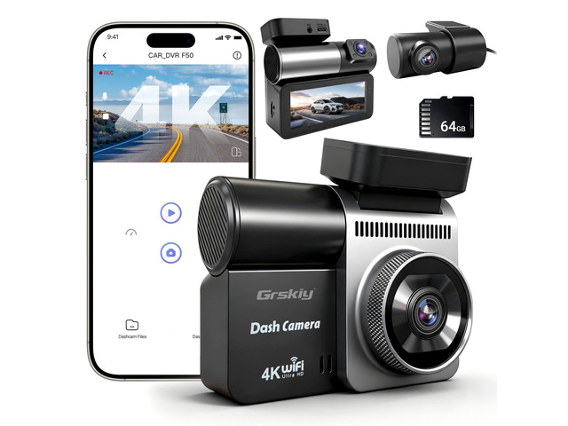 4K Dash Cam Front and Rear Inside, 3 Channel Car Dash Camera with Built-in GPS & 64GB SD Card, 5.8GHz WiFi, Night Vision, G-Sensor, Loop Recording,...