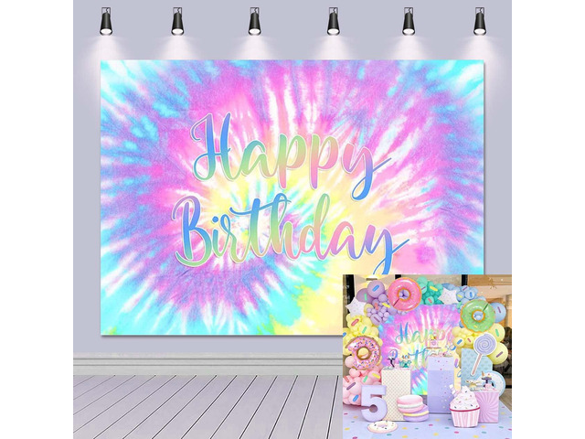 Rainbow Backdrop for Happy Birthday Macaron Pastel Colorful Birthday Banner Rainbow Tie-Dye Theme Birthday Banner Colorful Party Decorations Cake...