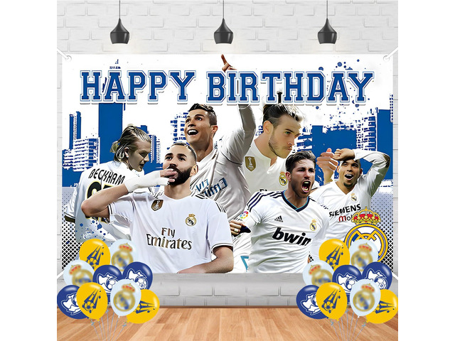 Madrid Football Happy Birthday Backdrop The Soccer Banner Poster for Madrid Star Theme Party Decorations Birthday Supplies Background Studio Shoot...