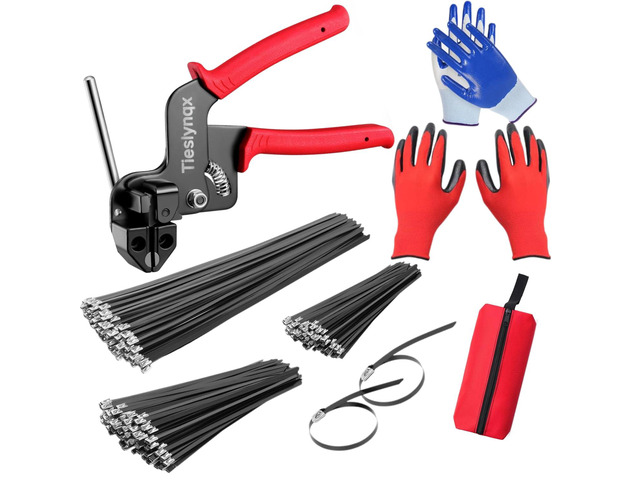 Stainless Steel Cable Tie Gun Set, with 150PCS Black Metal Zip Ties (50 Each of 7.8, 9.8, 11.8 Inch), Adjustable Fastening Cutting Tie Tool Sets...