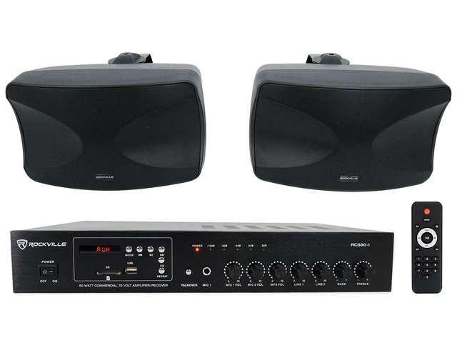 RCS80-1 70V Commercial Amp with Black WET-44 PRO Speaker Pair 60W RMS, Bluetooth, USB/SD, FM, 2 Mic Inputs, WET-44 PRO Dual 4' 4-Way Swivel...