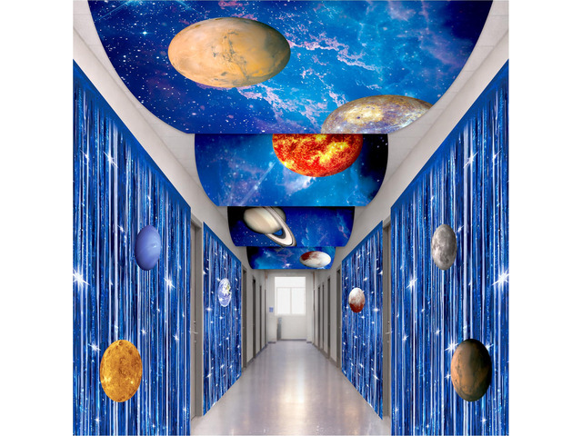 Space Ceiling Decoration Set Galaxy Hanging Backdrop Solar System Party Decorations with Blue Foil Fringe Curtains Planet Stickers for Classroom...