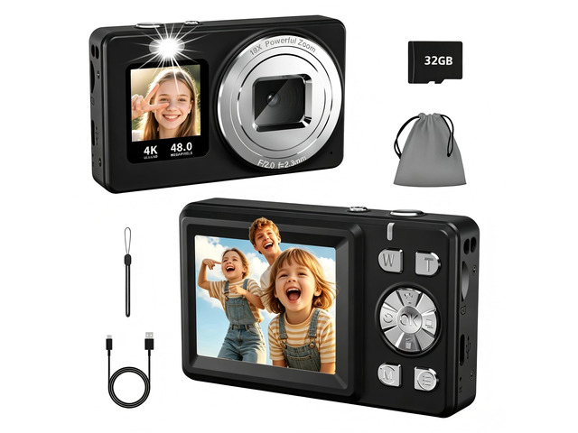 Digital Camera, 4K 48MP Autofocus Dual Screen for Selfies, 18X Zoom Fill Light, Portable Point and Shoot Camera with 32GB SD Card for Kids, Teens,...