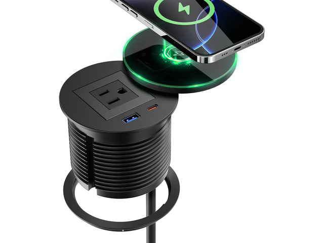 Recessed Power Grommet with 15W Wireless Charger, PD 30W USB-C Port, 1 AC Outlet, 3-1/8 Inch Flush Mount Power Strip for Furniture Nightstand Desk...