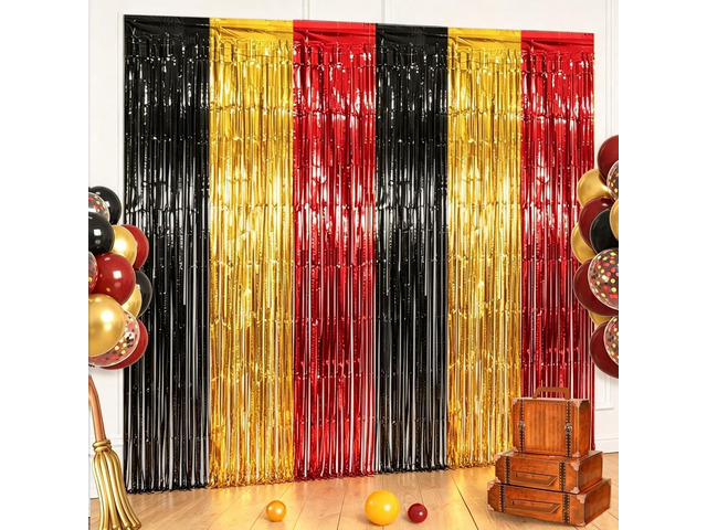 Red Black Gold Foil Fringe Curtains Birthday Party Decorations, 2 Pack 3.28 x 6.56 Ft Magical Tinsel Streamer Backdrop Banner Photo Booth Props...