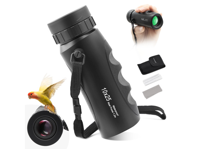 10x25 Monocular Compact Multi-Coated BAK7 Prism & Twist-Up Eyecup Waterproof Fogproof Shockproof for Camping Wildlife,Multi-Coated Optics,Rubber...