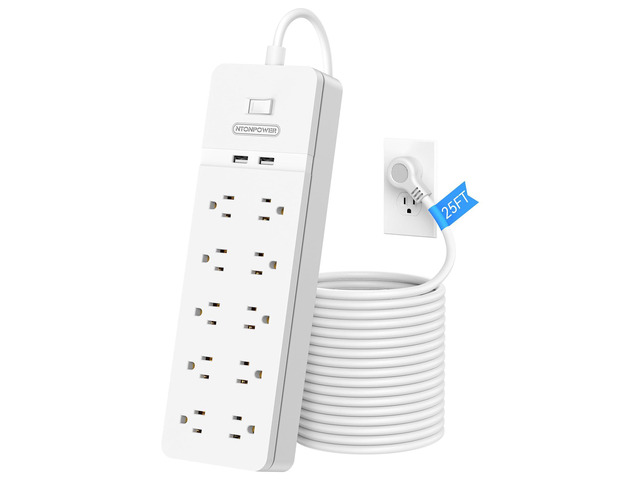 25 Ft Extension Cord,Power Strip with 10 Widely Spaced Outlets 2 USB Ports, Overload Protection, Wall Mountable for Indoor, Home, Office or...