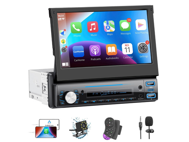 7' Flip Touchscreen Car Stereo with Wireless Carplay & Android Auto Bluetooth, Mirror Link, Backup Camera Ready, FM, Type-C Fast Charge, USB,...