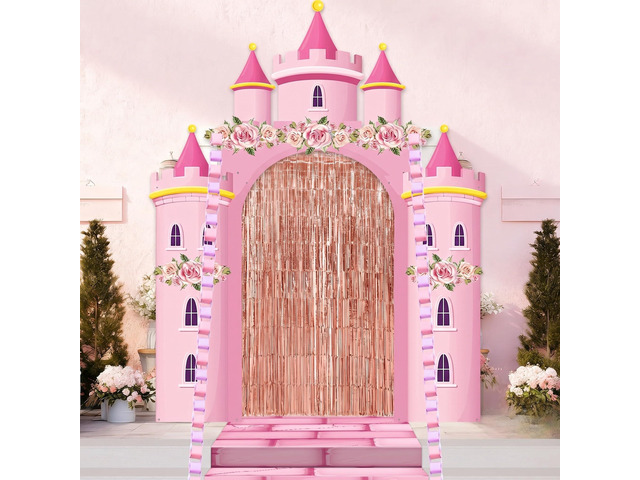 3D Princess Castle Photo Door Banner Pink Castle Party Decorations Princess Themed Birthday Hanging Backdrop with Paper Chains Fringe Curtain Pink...