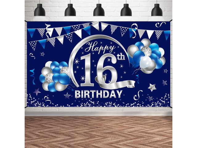 16th Birthday Decorations for Boys, Happy 16th Bday Banner Poster Happy 16th Birthday Backdrop Party Supplies, Photo Background for Celebration,...