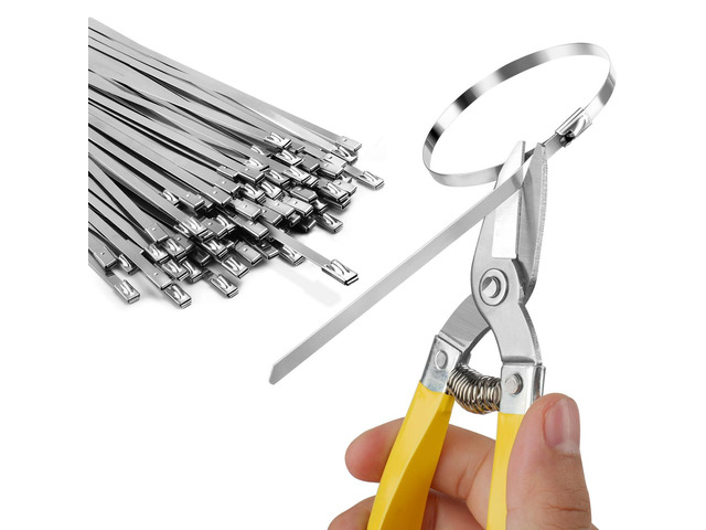 Metal Zip Ties with Scissors Heavy Duty 304 Stainless Steel 50PK Industrial grade metallic straps & shears for chain link fencing, chicken coops...
