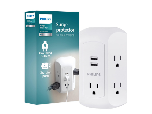 5-Outlet Extender, Grounded Wall Tap, 3-Prong, 2 USB-A Surge Protector, Adapter Spaced Outlets, Side Access, 560 Joules, Quick and Easy Install,...