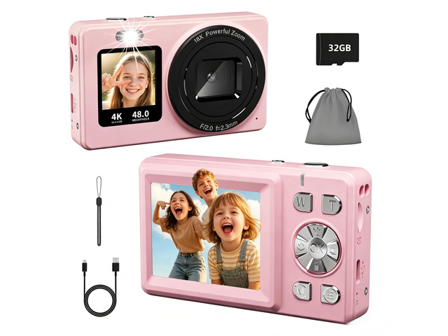 Digital Camera, 4K 48MP Autofocus Dual Screen for Selfies, 18X Zoom Fill Light, Portable Point and Shoot Travel Camera with 32GB SD Card for Kids,...