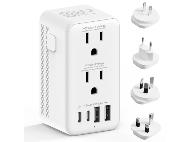 2500W Voltage Converter US to Europe 220V to 110V, 3.7' Mini 6 in 1 Converter for European Travel, A/C/G/I Travel Plugs for 200+ Countries, 2AC...