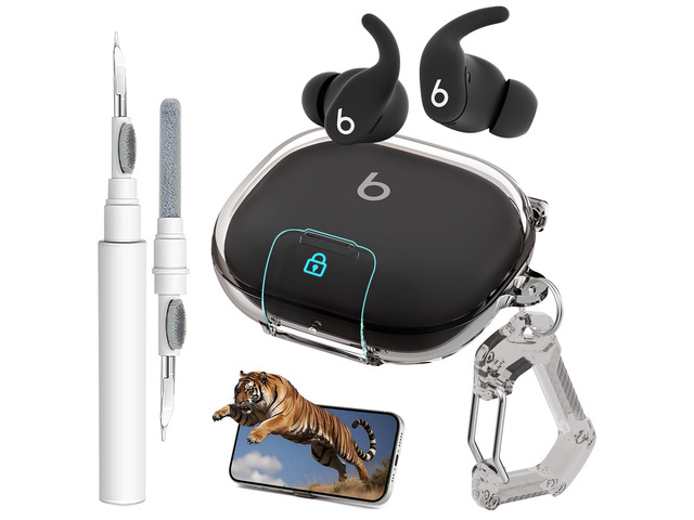 for Powerbeats Fit Case with Secure Safety Lock & Phone Stand (Clear Black) Shockproof Scratch-Resistant TPU Transparent Cover Accessories for...