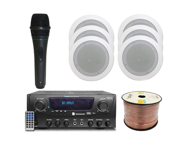 Home Theater System Kit 1000 Watts Bluetooth Receiver 6 Qty 5.25' in-Wall in-Ceiling Speakers(175 Watts Each),16 Gauge 250 ft. Speaker Wire,...