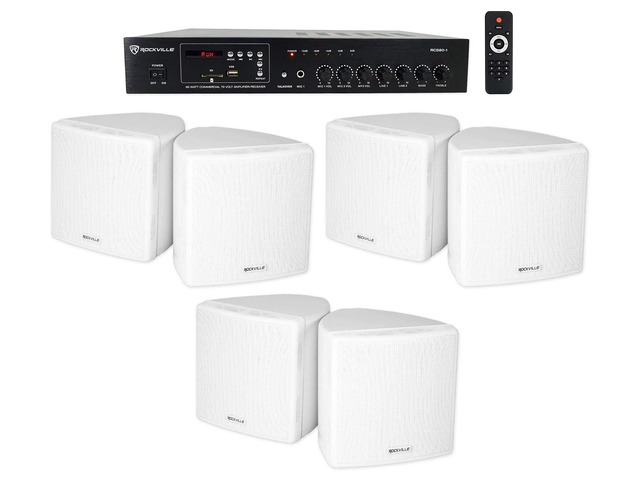 RCS80-1 60W 70V Restaurant Amplifier with White Cube Speakers Bluetooth, USB/SD, FM Tuner, 2 Mic Inputs, 6W/3W/1.5W Adjustable Tap, 6 Cube 3.5'...