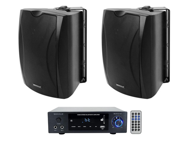BLUAMP 150 Bundle: Bluetooth Home Stereo Amplifier, (2) WET-5B 5.25' IPX55 40W RMS Commercial/Restaurant 70V or 8 Ohm Wall Mount Speaker, 3-Items