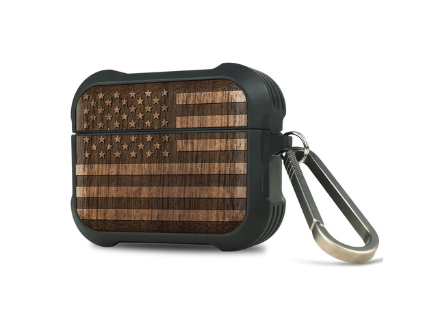 Solid Wood Case for AirPods Pro 2, American Flag, Walnut AirPods Pro Case 2nd/1st Generation with Quick-Release Keychain, Shockproof TPU Cover,...