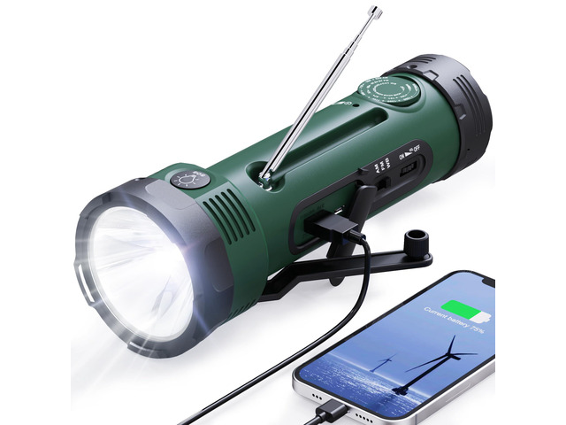 NOAA Weather Radio with Hand Crank Flashlight & Emergency Power 3000mAh Battery, AM/FM Radio, 3 Power Sources, Cell Phone Charger, Reading Lamp,...